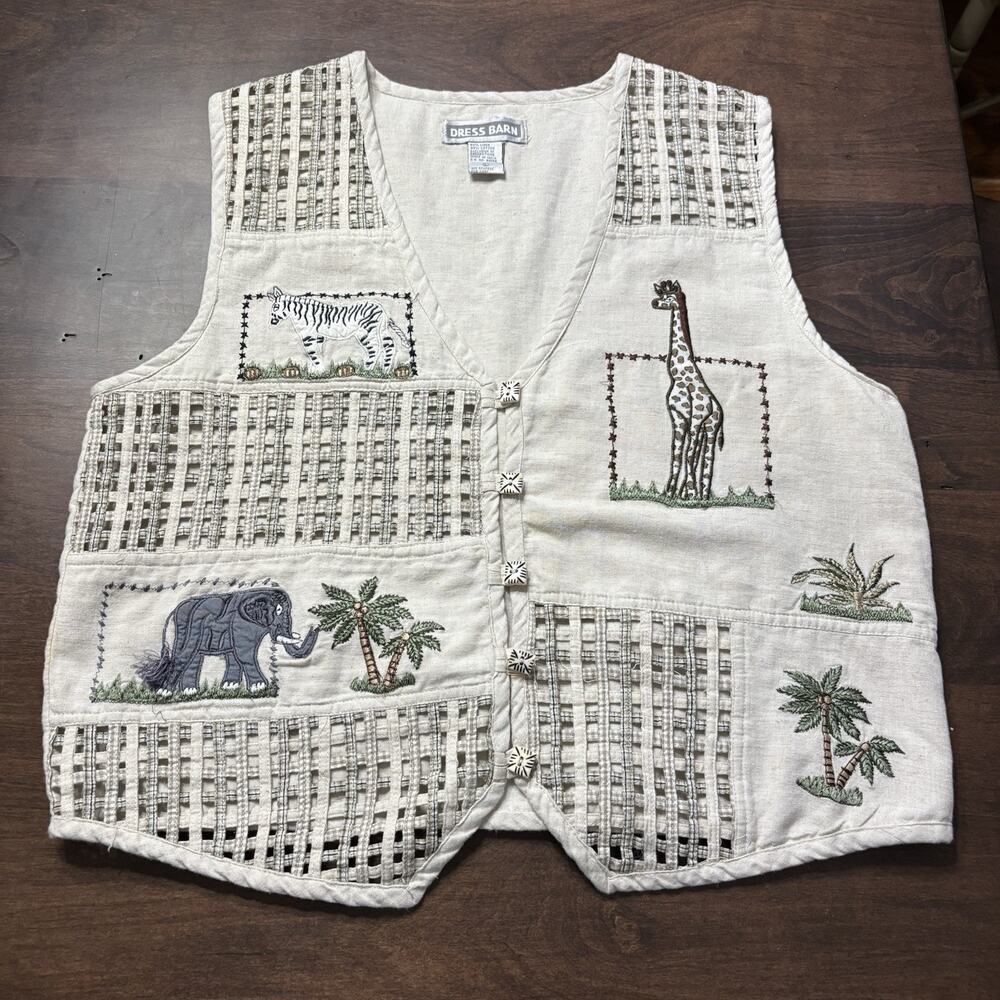 Vtg Linen Blend Safari Animal Button Up Vest Dress Barn Womens Sz L Cottage Boho